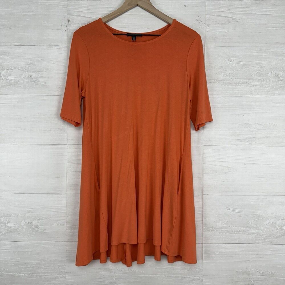 Eileen Fisher Tunic Top S‎ Jersey Stretch Shift Elbow Sleeve Crew Neck Orange